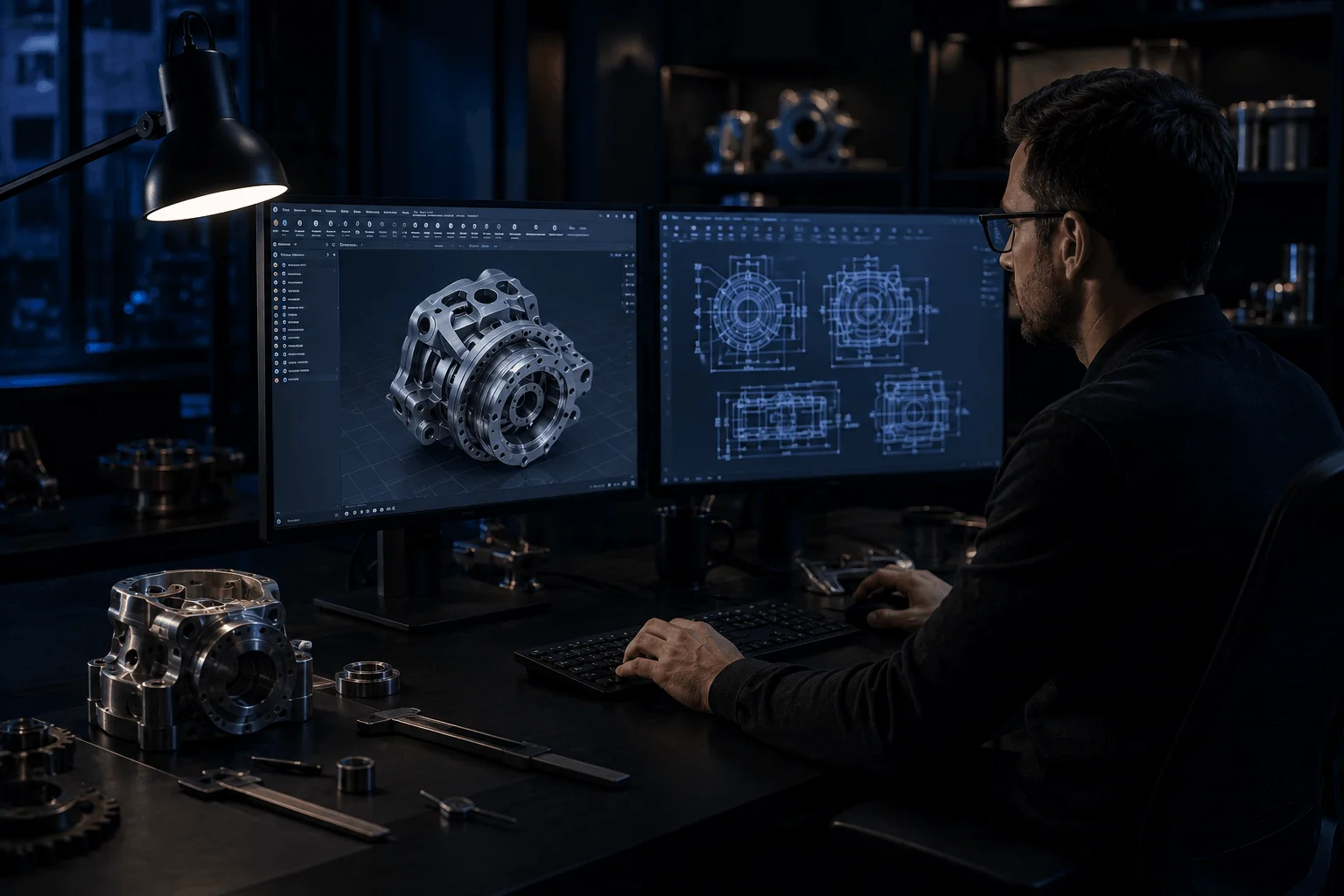 3D CAD engineer designing a mechanical component